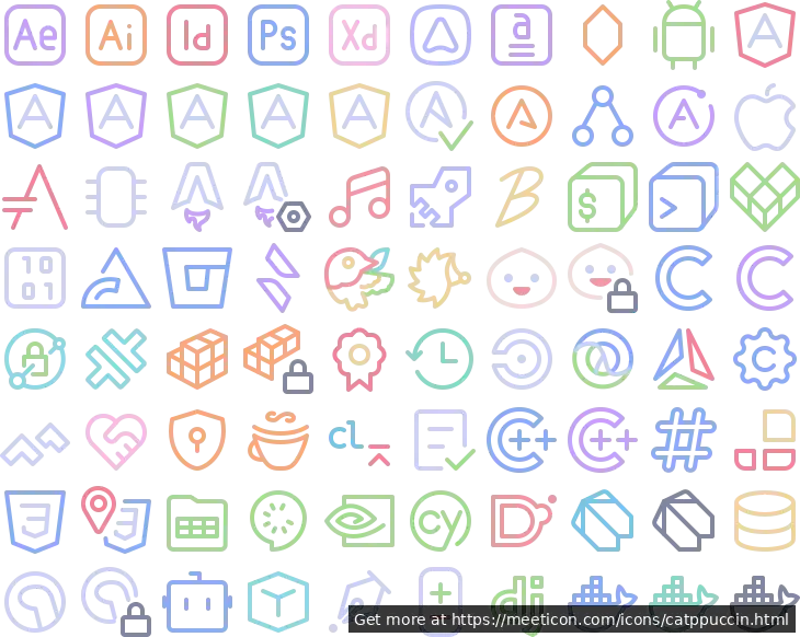 Icon set named 'Catppuccin Icons' featuring sample icons such as adobe-ae, adobe-ai, and adobe-id