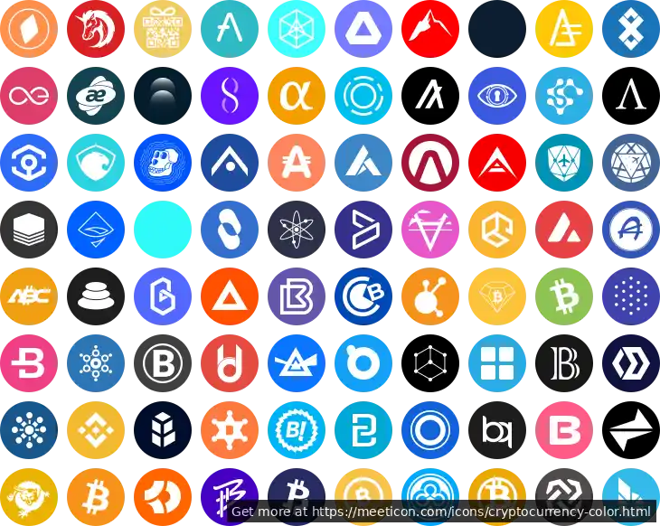 Icon set named 'Cryptocurrency Color Icons' featuring sample icons such as 0xbtc, 1inch, and 2give