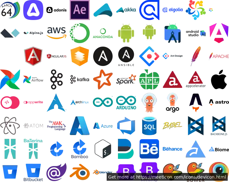 Icon set named 'Devicon' featuring sample icons such as aarch64, adonisjs, and adonisjs-wordmark