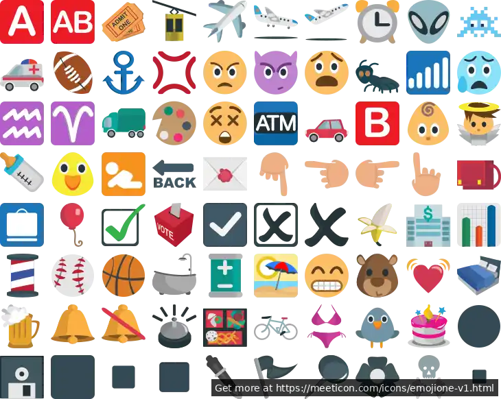 Icon set named 'Emoji One (v1)' featuring sample icons such as a-button, ab-button, and admission-tickets