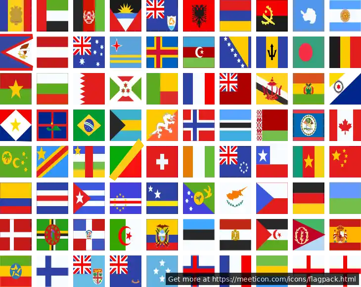 Icon set named 'Flagpack' featuring sample icons such as ad, ae, and af