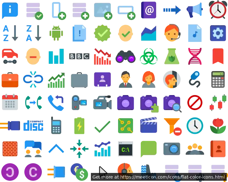 Icon set named 'Flat Color Icons' featuring sample icons such as about, accept-database, and add-column