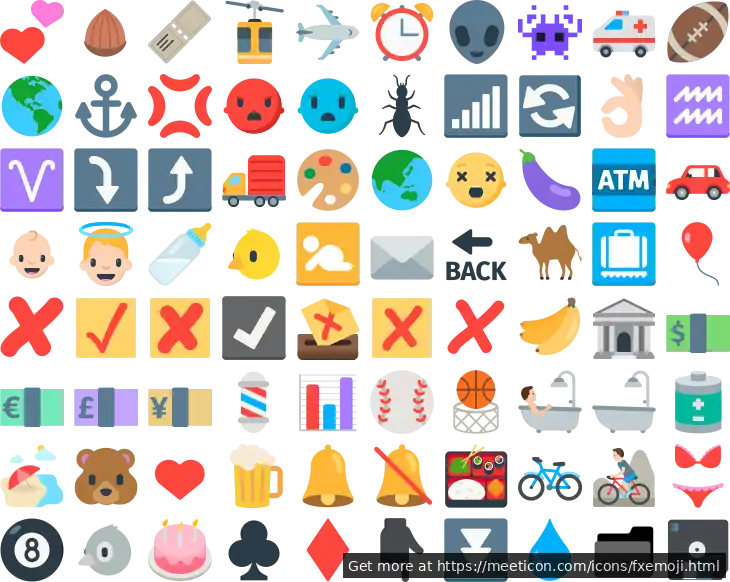 Icon set named 'Firefox OS Emoji' featuring sample icons such as 2hearts, acorn, and admissiontickets