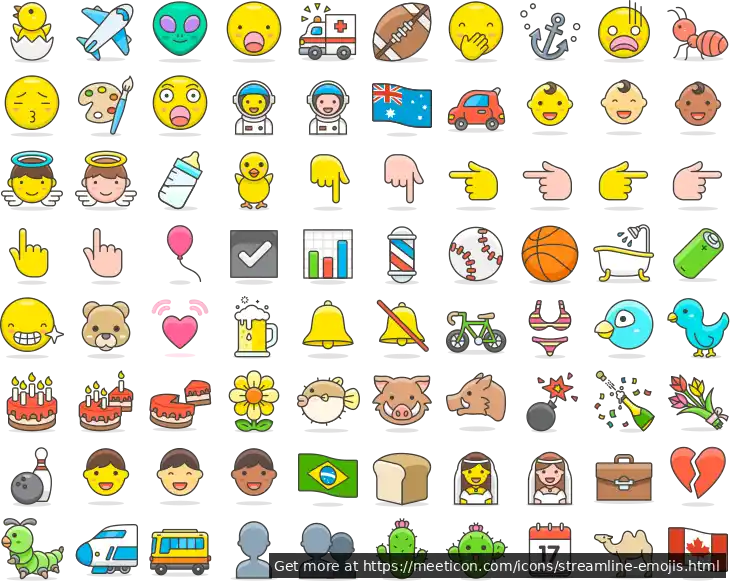 Icon set named 'Streamline Emojis' featuring sample icons such as 2, airplane, and alien