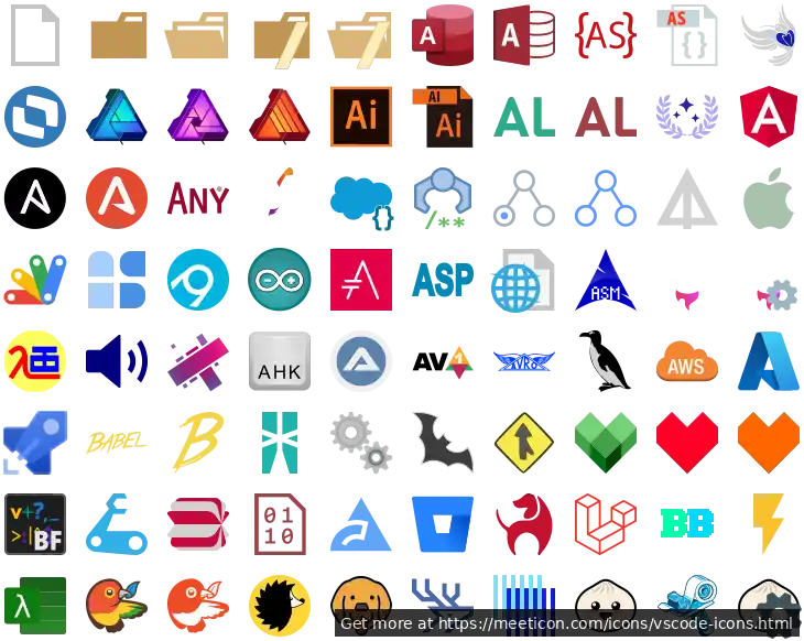 Icon set named 'VSCode Icons' featuring sample icons such as default-file, default-folder, and default-folder-opened